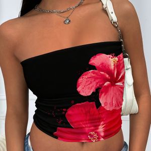 TEMU Sexy Damen-Tube-Top mit Hibiskusblumen-Print - Schwarz, Polyester, Trägerloses Design mit Lebendigem Rotem Blumenmuster, Maschinenwaschbar