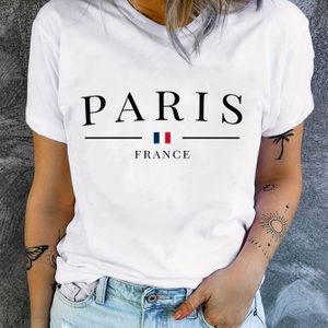 TEMU PARIS Print T-Shirt, Kurzarm Rundhals Casual Top Für Sommer & Frühling, Damenbekleidung