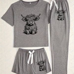 TEMU Pyjama-Set mit Kurzarmshorts und Langhosen für Damen im Hochlandrind-Muster