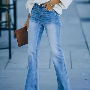 TEMU Denim-Hose mit ausgefranstem Saum, Whisker-Waschung, ausgestelltem Bein, gewaschenem Blau, lässigem Stil, Reißverschluss und Knopfverschluss, Damen-Jeans & Kleidung für den Herbst