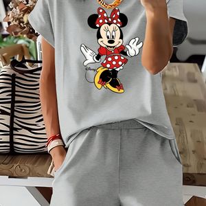 TEMU Minnie Mouse Print Damen-Casual-Zweiteiler-Set - Crew-Neck-T-Shirt & Shorts, Polyester, Frühjahr/Sommer-Outfit, Leichte, lockere Kleidung|Spieltriebiger Druckoberteil|Polyester-Gewebe