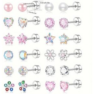 TEMU 24er-Set Edelstahl Knorpelohrringe Tragus Piercings Hypoallergene Steckerohrringe für Frauen Mädchen Flachrückseite mit Schraube und Geschenkbox