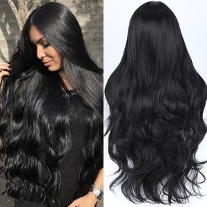 TEMU Schicke 28"" Schwarze Body-Wave-Perücke für Frauen - Natürlicher Look, Mittelscheitel, Hitzebeständiges Synthetikhaar, für Cosplay & Weihnachtsfeiern, Heißwasser-Setzung, Gewellte Perücke
