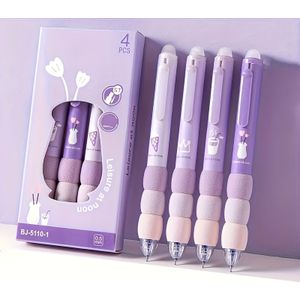 TEMU 4er-Pack Kawaii radierbare Gelschreiber, , 0,5 mm feine Spitze, verschiedene Farben - süßes Cartoon-Design, ideal für - und Bürobedarf, Blau, Rosa, Lila, Grau, Grün, Helllila