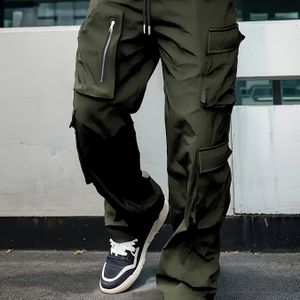 TEMU Herren Freizeit-Cargohosen mit Mehreren - Gerades Bein, Olivgrün, Polyester, Kordelzugbund, Lockerer Sitz für Frühlings- und Herbstaktivitäten im Freien