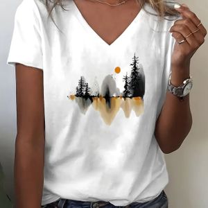TEMU Damens Casual V-Ausschnitt T-Shirt mit Bergdruck - Polyester, Maschinenwaschbar, für Frühling/Sommer/Herbst
