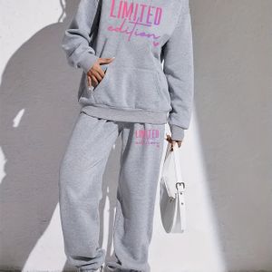 TEMU Limitierte Damen Kapuzenpullover und Jogginghose Set, 100% Polyester Strickware mit leichtem Stretch, Langarm Lounge Set mit Kordelzug und Alphabet Muster - Casual Fashion Outfit