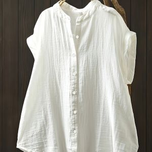 TEMU Plus Size Damen Freizeithemd mit Knopfleiste - Lebhaft Rosa Gestreiftes Kurzarmblusen, 100% Polyester Leichtgewicht 110gsm, Maschinenwaschbar H-Line Passform für Frühling/Sommer Ausflüge