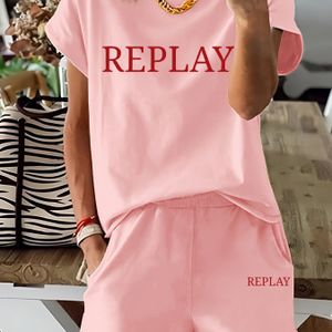 TEMU Zweiteiliges Set mit Buchstabendruck, Kurzarm-T-Shirt & Shorts, Damenbekleidung