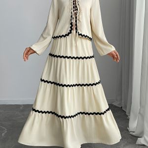 TEMU Damen Elegante V-Ausschnitt Farbblock Krawatte Vorne Polyester Gewebte Bluse und Rock Set