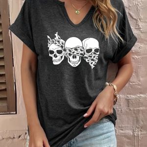 TEMU T-Shirt mit Druck von Totenschädeln, Kurzarm, V-Ausschnitt, lässiges Oberteil für den Sommer, modische Damenbekleidung