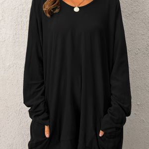TEMU Frauen Casual Schwarzes Langarm-T-Shirt mit - Entspannte Passform, Rundhalsausschnitt, Polyester-Mischung, Maschinenwaschbar - für den Herbst