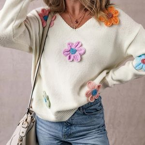 TEMU Elegantes V-Ausschnitt-Strickpullover mit Blumenmuster für Damen - Stilvolles Langarm-Strickpullover mit farbenfrohem Blumenmuster, für Herbst/Wintermode, niedliche Pullover