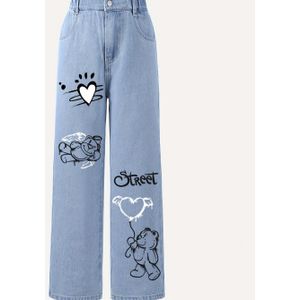 TEMU Mädchen, Bären-Graffiti-Jeans Mit Hoher Taille, Nicht Dehnbare Gerade Lockere Denim-Hose, Alltagsstraßenstil