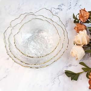 TEMU Goldgeätztes Transparentes Salatschüssel-Set von Drei mit Hammermuster Unregelmäßige Schüssel Große Dessertschüssel -Schüssel