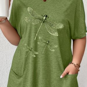 TEMU Damen-Plus-Größe Mode-T-Shirt mit Drachenfliegen-Print, eleganter Rundhalsausschnitt, mittlerer Stretchstoff, Casual Wear mit
