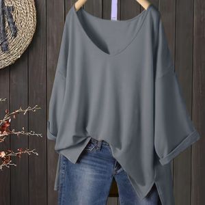 TEMU Damen Plus Size Schwarz T-Shirt - Elegante V-Ausschnitt mit Split Detail, Kurzarm, Casual Sommer Top, Casual Attire | Split Detail Shirt | Schlanke Schwarze Tee