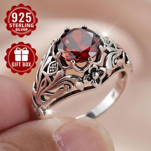 TEMU S925 Silber Rot Synthetischer Zirkon Ring für Frauen - Vintage Eleganz mit Intrikatem Blumenmuster, für den täglichen Gebrauch, Partys und Jubiläumsgeschenke, Enthält Geschenkschachtel