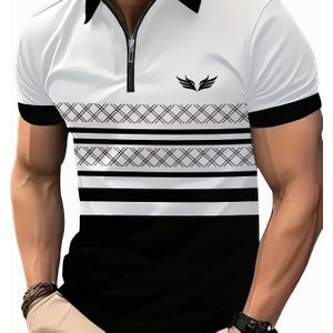 TEMU Alltagskomfort] Herrenmode 3D-Druck Kurzarm Hemd mit Reißverschluss und Kragen in Pink, Schwarz & Weiß - Sommerlich Lässig mit geometrischem Muster, Polyester, Maschinenwaschbar
