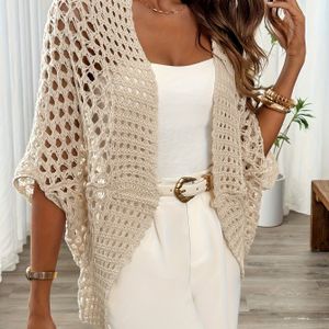TEMU Damen Elegante Offene Strickjacke mit Fledermausärmeln, lockerer Passform und Spitzenmuster für Frühling und Sommer.