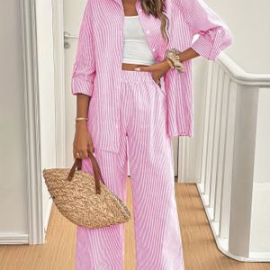 TEMU Stilvolles Gestreiftes Anzug für Frühling und Sommer, Elegantes Spezialanlass, Alltags-Set mit Langarmhemd + Hose Zweiteiler