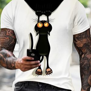 TEMU Herren T-Shirt mit modischem 3D-Schwarzkatzen-Cartoon-Druck, Lässiger Rundhalsausschnitt, 100% Polyesterstoff, Maschinenwaschbar, Ideal für den Sommer