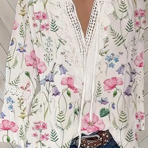 TEMU Neue Plus-Size Damenhemd mit V-Ausschnitt, Spitzenbesatz und Blumenmuster.