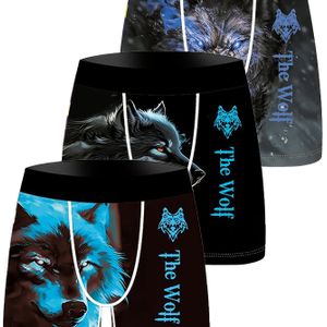 TEMU 3er-Pack Herren Boxershorts mit Wolf-Print, -Strickgewebe, dehnbare, bequeme, atmungsaktive Unterwäsche, 95 % Polyester, 5 % Elasthan, für den täglichen Gebrauch und , 140 g/m²