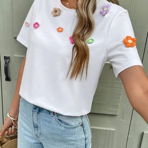 TEMU Damen lässige Sommer-T-Shirt mit bunten Blumen-Applikationen - Leichtes, atmungsaktives Gewebe, für lässige Kleidung