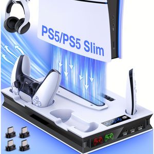 TEMU PS5-Ständer und Kühlstation mit Controller-Ladestation für 5 Slim/PS5, PS5-Zubehör inkl. 3-stufigem Kühlventilator, 3 USB-Hubs, Headset-Halterung, Mediensteckplatz für PS5-Disc/Digitalkonsole