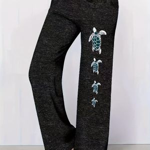 TEMU Damen Schildkröten Grafikdruck Hose, % Polyester Strickstoff, Gerade Bein mit Kordelzug, Elastischer Tiermuster Kleidung