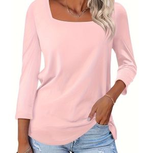 TEMU Elegantes Damen-T-Shirt mit Quadratischem Ausschnitt und 3/4-Ärmeln in Leuchtendem Pink - Weiche Polyester- & Spandex-Mischung, für Frühling/Sommer/Herbst, Nur Hand- oder Chemische Reinigung