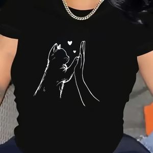 TEMU Damens Casual T-Shirt mit Katzenpfoten-Druck - Bequem, Atmungsaktiv, Polyester-Mischung, Kurzarm, Rundhalsausschnitt, Stretchstoff, Maschinenwaschbar, Katzenhemd