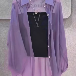 TEMU Plus Size Damen Leichtes Atmungsaktives Chiffon Langarmhemd ? Lockere Einfarbige Knopfleiste mit Klassischem Kragen, Halbtransparente Freizeitbluse für /Sommer Schichten, Maschinenwaschbar