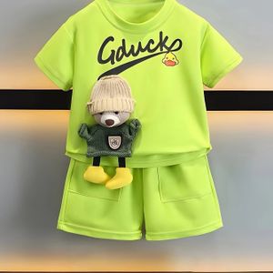 TEMU Jungen Rundhals Kurzarm T-Shirt Oberteil Shorts Set mit süßen Bären-Zubehör, weich und bequem, lässige Outdoor-Kleidung, für draußen