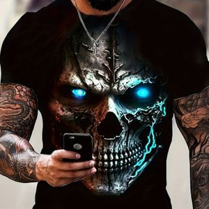 TEMU Herren-T-Shirt mit Vintage-Schädel-Druck - Retro O-Ausschnitt, Kurzarmshirt mit Narben-Detail - für Halloween & Streetwear
