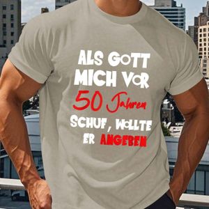 TEMU Herren-T-Shirt zum 50. Geburtstag, Lässiger Rundhalsausschnitt, Geometrisches Muster, Polyester-Strickstoff, Reguläre Passform, Sommeroberteil - Deutsches Textdesign