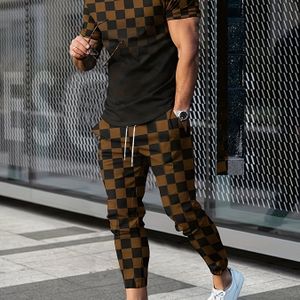 TEMU Neue Herren-Sommer-Sportbekleidung Kurzarm-T-Shirt Hose 2-teiliges Set 3D-Druck Karo Streetwear