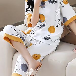 TEMU Damens Pajama-Set mit Pflanzen- & Blumen-Punktmuster, Rundhalsausschnitt Kurzarm und 7/8 Hosen Sommer-Loungewear, Bequem und Locker Sitzend