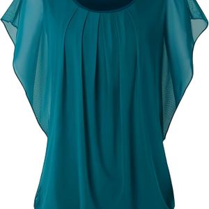 TEMU Leichte Schwarze Mesh-Bluse für Damen - Lässiges Kurzarm-Top mit Raffungen, Atmungsaktives Polyester, Ideal für Frühling/Sommer/Herbst, Halbformelle Kleidung | Rundhalsausschnitt | Polyesterhemd