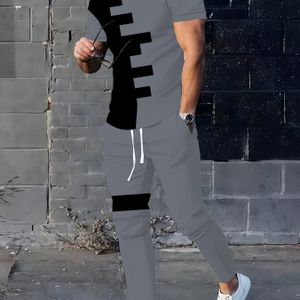 TEMU Herren-Polyester-Sportbekleidung | Elegantes Freizeithemd mit Rundhalsausschnitt | Leicht dehnbarer Strick mit 3D-Druck | Reguläre Passform, 2-teiliges Set | Gemustertes Kurzarm-T-Shirt und