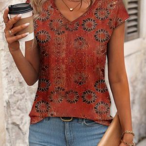 TEMU Vintage Blumenmuster V-Ausschnitt T-Shirt für Damen ? Leichtes Polyestermix, Sommeroberteil mit orangefarbenem und braunen Blumendesign, maschinenwaschbar, ideal für Urlaub oder Freizeitlook