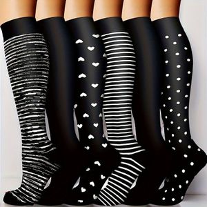 TEMU 6 Paar Kniehohe Kompressionssocken 15-25mmHg für Laufen & Radfahren ? Gestreiftes & , Polyester-Spandex-Mischung, Ganzjahresmodelle, Schwarz & Mehrfarbig, Sportliche Kniesocken, Dehnbarer
