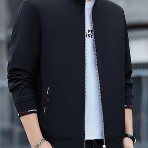 TEMU Herren Freizeit Jacke mit Stehkragen - Atmungsaktives Polyester, Reißverschluss, Zwei--Design für Frühling & Herbst, Schwarz mit weißem Logo, Reißverschluss, Leichtes Oberbekleidung