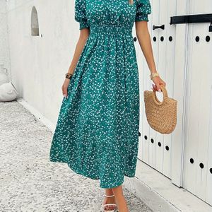 TEMU Elegantes Grünes Blumen-Midi-Kleid mit Puffärmeln und Geraffter Taille - Rundhalsausschnitt, Nicht-Dehnbarer Polyesterstoff, für Alle Jahreszeiten