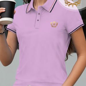 TEMU Damen Polo-Shirt mit Kurzarm, goldenem Bienen- und Blattmuster - Lichtlila, Polyester, Sommerstil, Strickstoff, 220 g/m², lässiges Sommeroberteil|Polo-Shirt|Strickkonstruktion, Damen T-Shirts