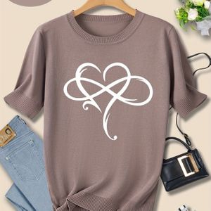 TEMU Weicher & Leichter Rosa Herzdruck Pullover - Lässiges Rundhals, Kurzarm Strickoberteil für Damen, für Frühling/Sommer, Pflegeleicht Maschinenwaschbar, Süßer Pullover