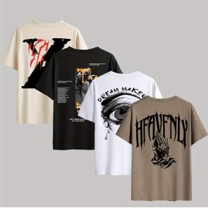 TEMU 4er-Set Herren Grafik-T-Shirts - """" & Mehr Designs, Lässige Rundhals Kurzarm-T-Shirts in Beige, - Leichtes Polyester für Sommer Outdoor Kleidung