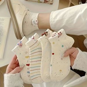 TEMU 5 Paar Frühling Sommer Häschensocken - Pastell Polka-Dot & Gestreiftes Design, Weiche Stretch-Polyester-Spandex-Mischung, Leichte Atmungsaktive Freizeitsocken für Damen, Maschinenwaschbar