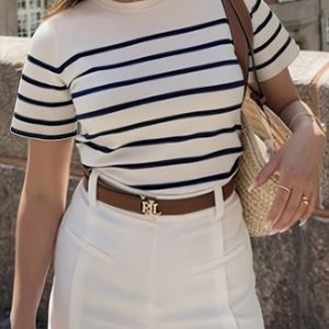 TEMU Neue Damen-Rundhals-Gestreifte Druck-Slim-Kurzarm-T-Shirt, stilvoll und einfach für Freizeitkleidung.